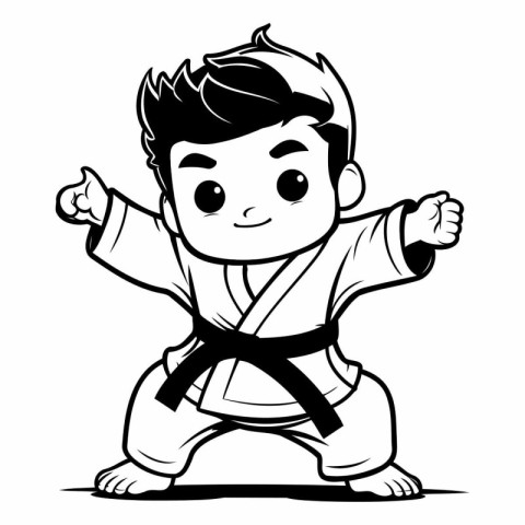 Karate Boy - Black and White Cartoon Illustration. Vector Charac