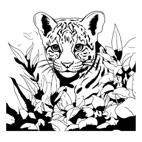 snow leopard in the jungle. black and white vector illustration