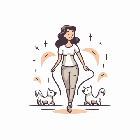 Vector illustration of a woman walking with her dogs. Cartoon st