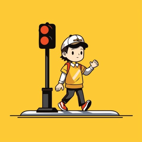 Illustration of a Kid Boy Crossing the Road with a Traffic Light