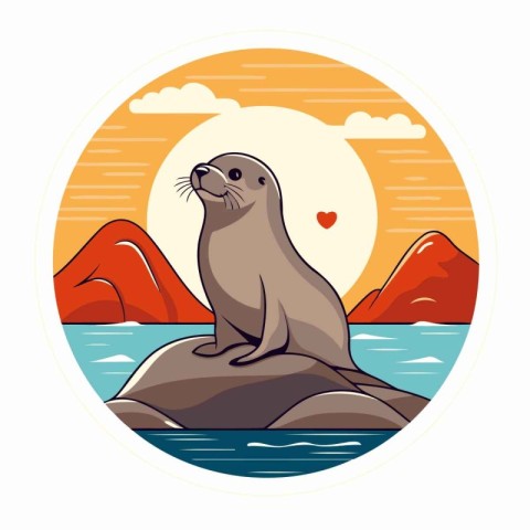 Sea lion on a rock in the sea. Vector illustration in cartoon st