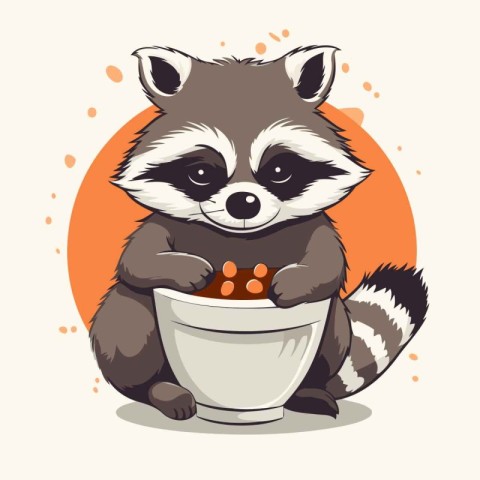 Cute raccoon holding a bowl of food. Vector illustration.