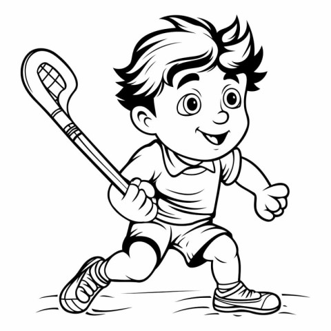 Black and White Cartoon Illustration of Kid Playing Lacrosse Col