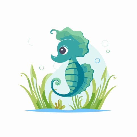 Cute cartoon seahorse in the water. Vector illustration.