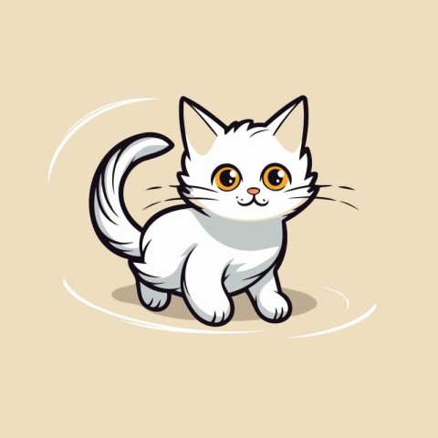 Cute white kitten with big eyes and tail. Vector illustration.