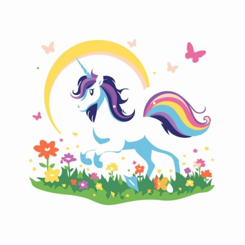 Unicorn in a meadow with flowers. Vector illustration.