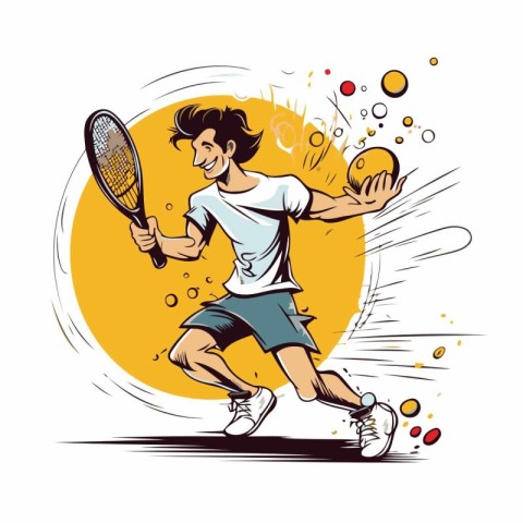 Tennis player with racket and ball. Vector illustration in carto