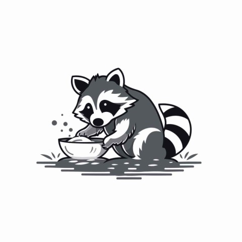 Raccoon eating from a bowl. Vector illustration on white backgro