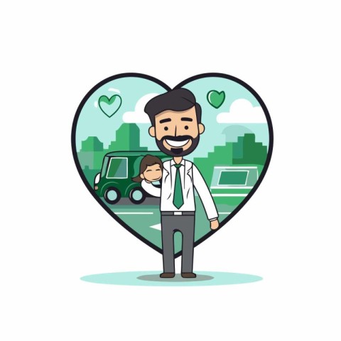 Father and son with car in heart shape. Vector illustration in c