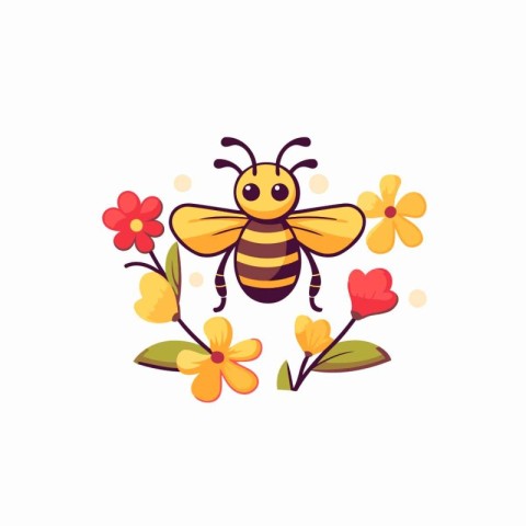 Cute cartoon bee with flowers. Vector illustration in flat style