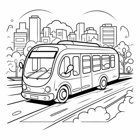 Bus on the road in the city. Black and white vector illustration