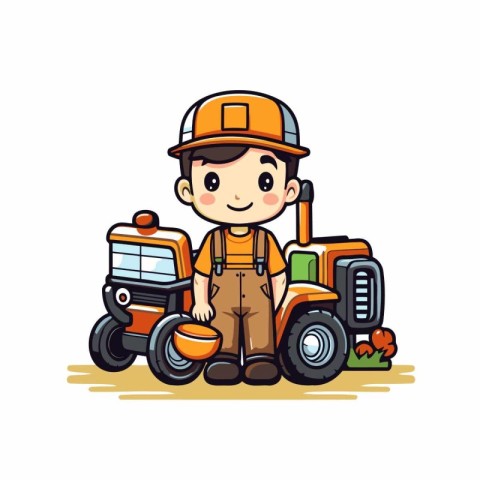 Cute cartoon farmer with tractor on white background. Vector ill