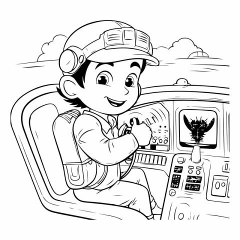 Black and White Cartoon Illustration of a Kid Boy Driving a Stee