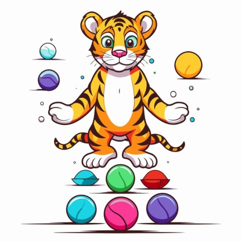 Cute tiger playing with multicolored balls. Vector illustration.