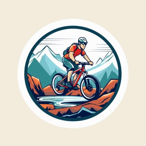 Mountain biker riding on a mountain river round icon vector illu