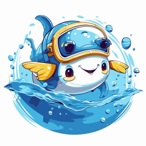 Cute cartoon whale in diving mask swimming in water. Vector illu