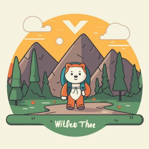 Cute cartoon bear in the mountains. Vector illustration. Flat st