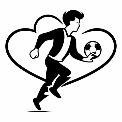 Soccer player running with ball in heart shape. Vector illustrat