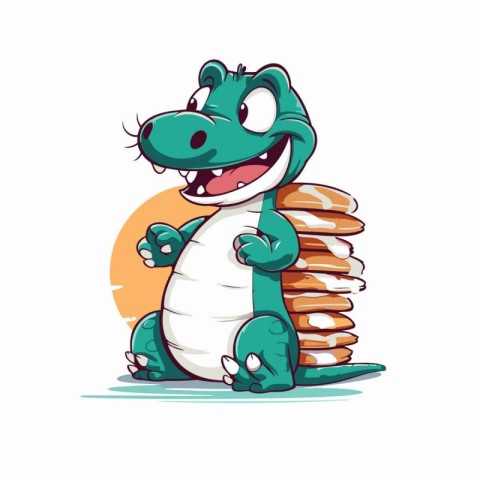 Cute crocodile with stack of pancakes. Vector cartoon illustrati