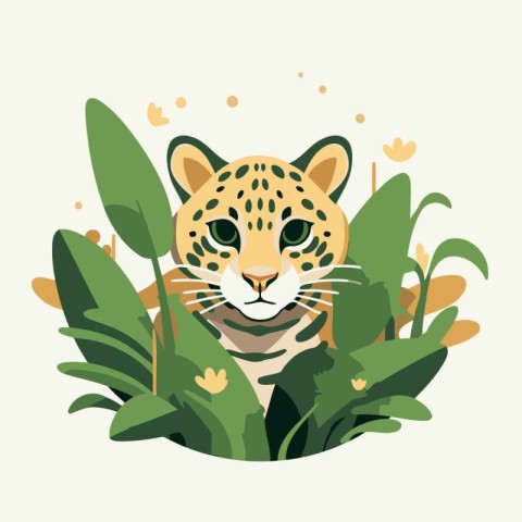 Cute leopard in the jungle. Vector illustration in flat style.