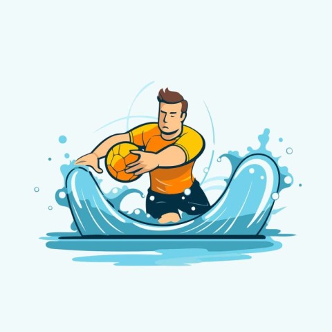 Man playing rugby ball on surfboard. Vector illustration in flat