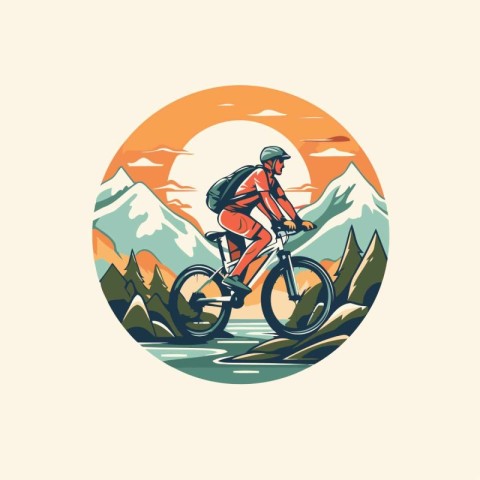 Mountain biker riding on the road in the mountains. Vector illus