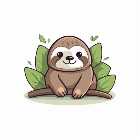 Cute cartoon sloth sitting on branch with leaves. Vector illustr