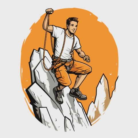 Mountain climber climbing on the top of the mountain. Vector ill