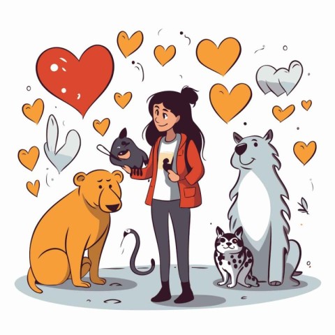 Girl with dog and cat in love. Vector illustration in cartoon st