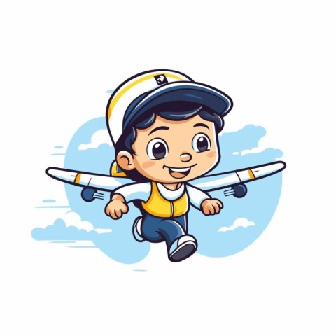 Cute little boy flying in the sky with plane. Vector illustratio