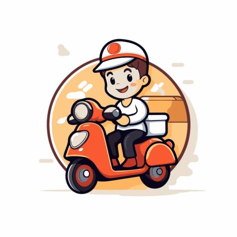 Cute boy driving scooter. Vector illustration. Cartoon style.