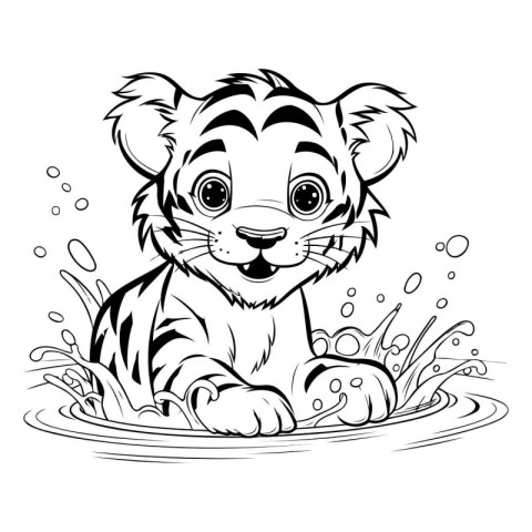 Black and White Cartoon Illustration of Cute Tiger or Tiger Anim