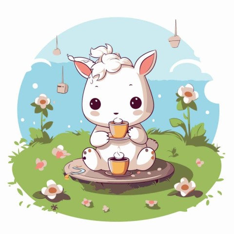 Cute cartoon unicorn drinking tea in the garden. Vector illustra