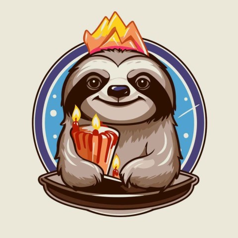 Cute sloth in a crown with a candle. Vector illustration.