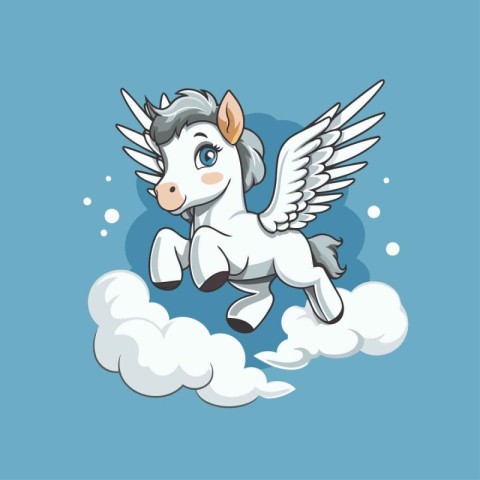 Cute cartoon white unicorn flying on the cloud. Vector illustrat