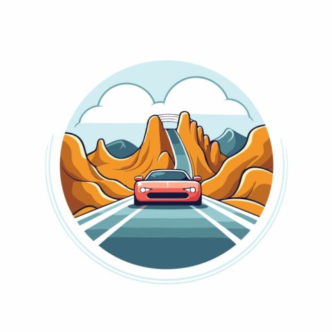 Car on the road in mountains. Vector illustration in retro style