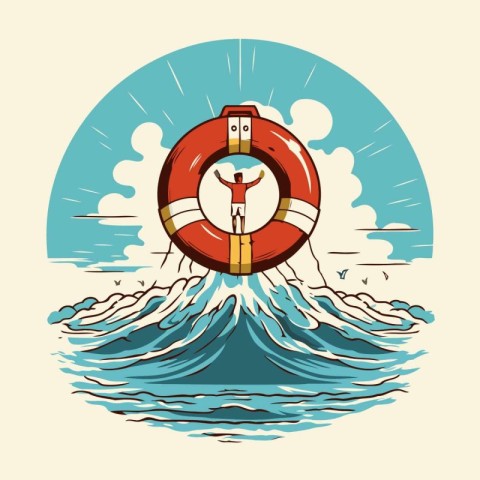 Lifebuoy on the sea. Vector illustration in retro style.