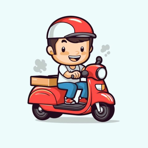 Delivery Boy Riding Scooter Cartoon Mascot Character Vector Illu