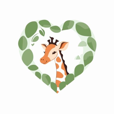 Giraffe in heart shaped frame with leaves. Vector illustration.