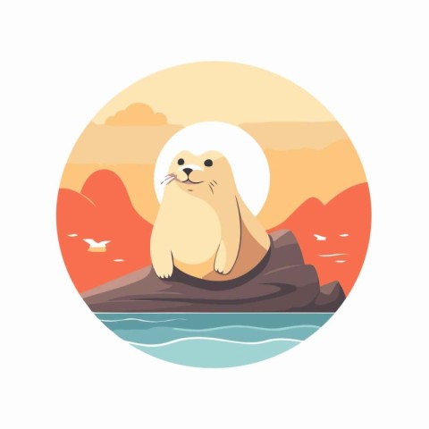 Cute seal on the rock in the sea. Vector illustration.