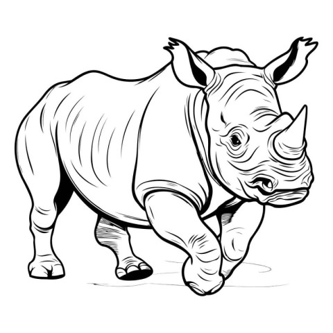 Rhinoceros running on white background. Black and white vector i