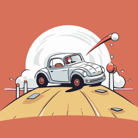 Vintage car on the road. Vector illustration in cartoon style.