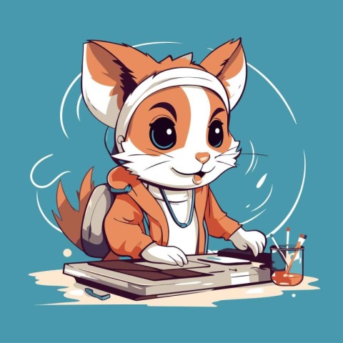 Cute cartoon fox playing music on turntable. Vector illustration