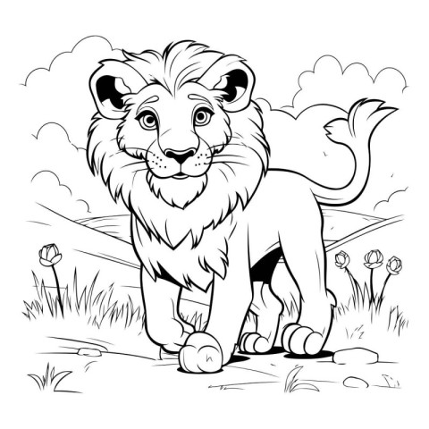 Black and White Cartoon Illustration of Lion Animal for Coloring