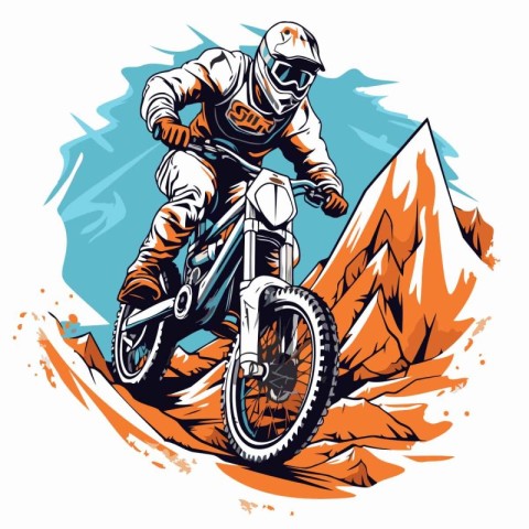 Mountain biker rides on the rocks. Vector illustration of a bike