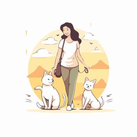 Young woman walking with her dogs. Vector illustration in cartoo