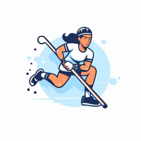 Ice hockey player with stick and puck. Line art vector illustrat