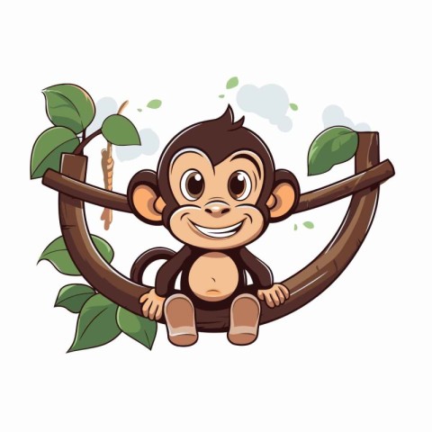 Cute monkey sitting on a tree branch. Vector cartoon illustratio