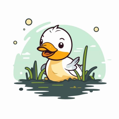 Cute cartoon duckling sitting in the grass. Vector illustration.