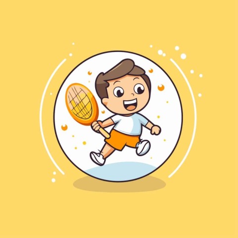 cute boy playing tennis vector illustration. sport concept. flat